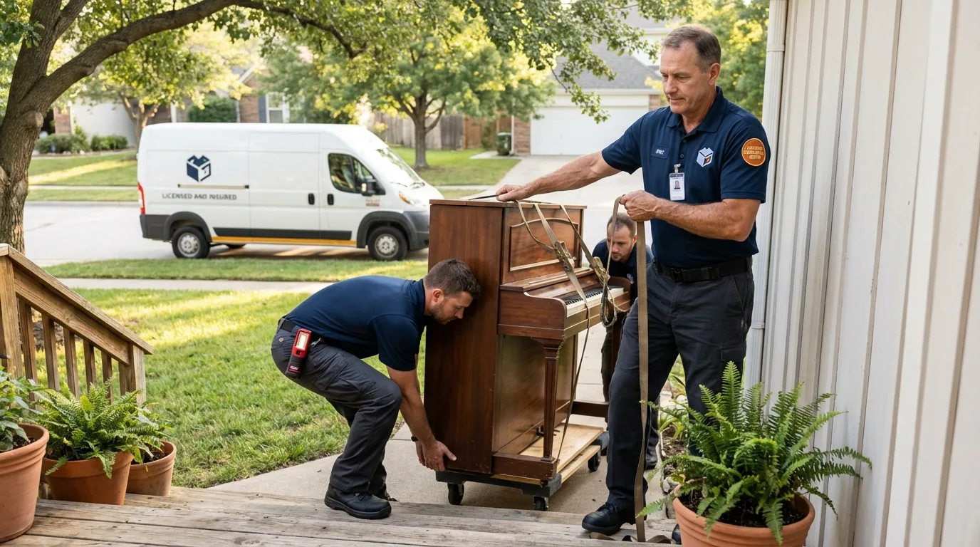 Licensed piano movers securing grand piano in Morristown, IN