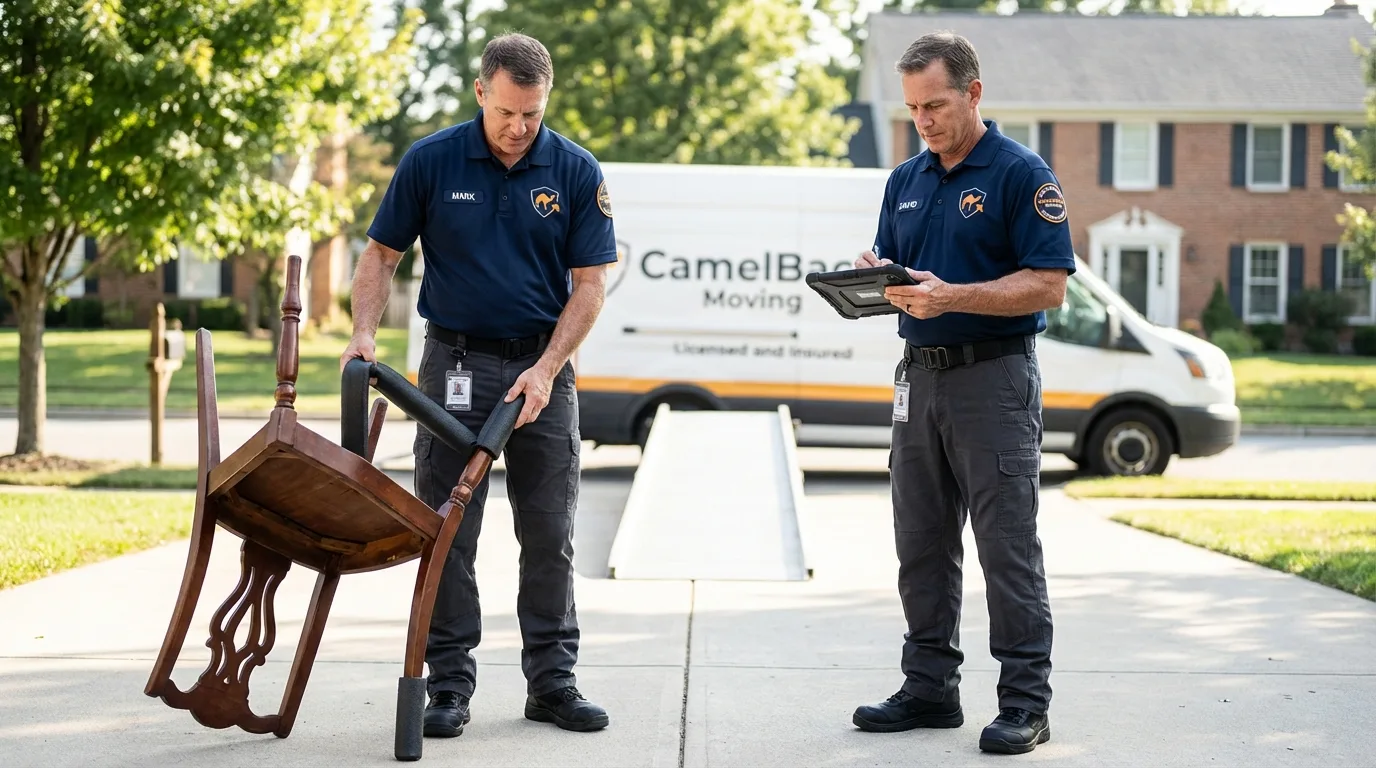 Movers inspecting furniture for damage prevention before loading in Morristown, IN