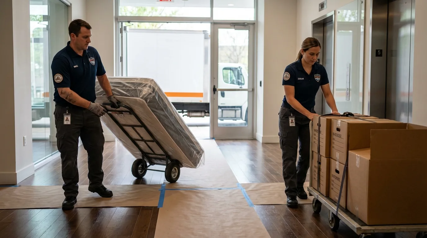 Professional apartment movers loading elevator in Morristown, IN