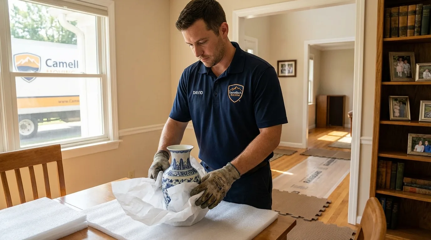 Professional crew carefully wrapping antique vase for senior downsizing move in Morristown, IN